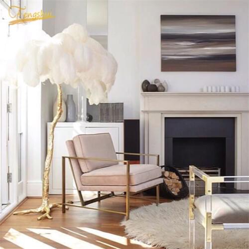 Modern Luxury Ostrich Feather Floor Lamp Copper Brass Resin Gold Nordic Lustre Standing Lamps Villa Hotel Decor Indoor Lighting
