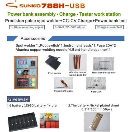 SUNKKO 788HUSB Spot Welder 18650 Battery Charger 800 A 0.1 - 0.2 mm 36V 60A with LED light input voltage 110V 220V optional