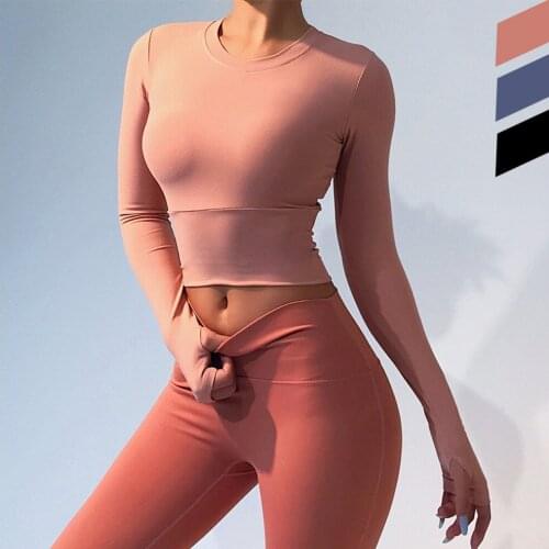 Crop Top Sport Womens Long Sleeve Thumb Hole Yoga Shirt Workout Clothing Sportswear Fitness Gym Clothes H445