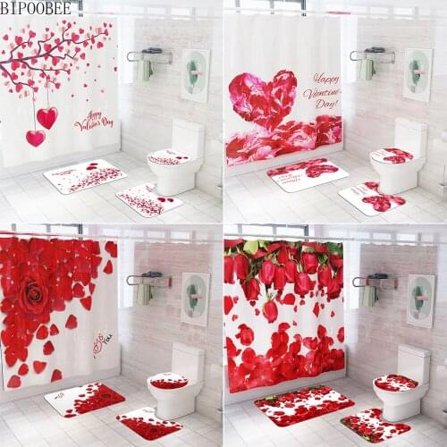 Petal Love Shower Curtains Rose Flower Bathroom Curtain Set Bath Mats Rugs Valentines Day Anti-slip Rug Toilet Lid Cover Carpet