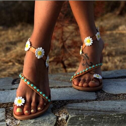 Womens Sandals 2021 Woman Gladiator Sandals Women Shoes Flat Fashion Weet Flowers Boho Beach Sandals Ladies Plus Size 44