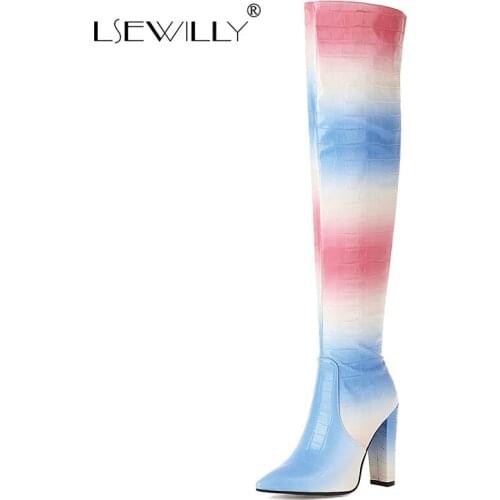 Lsewilly Yellow Pink Blue Winter Women Knee High Boots Fashion Zipper Over The Knee Boots Ladies Thick High Heel Long Boots
