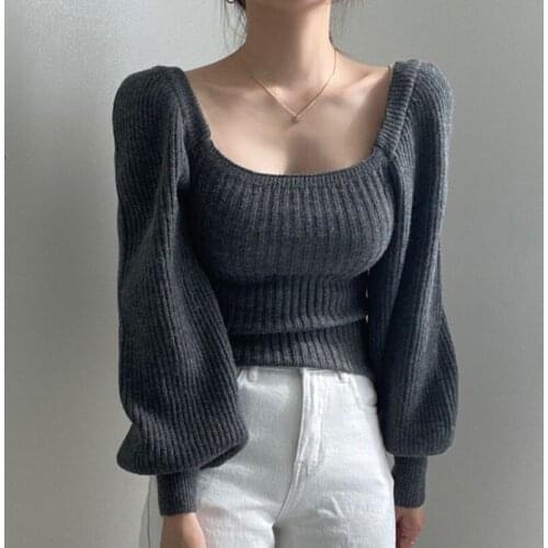 2021 Autumn New Square Neck Bubble Sleeve Solid Color Knitted Top Women Loose Sweater Female Fashion X945
