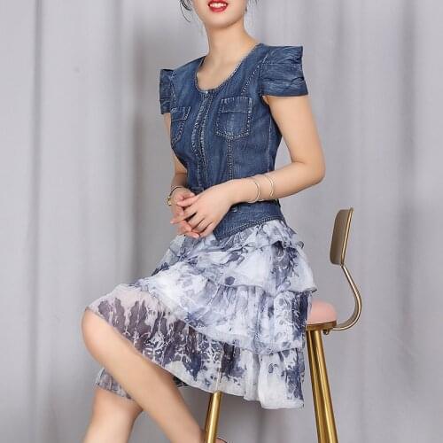 Denim stitching print dress women 2020 summer new slim cake dress NW20B6794