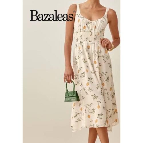 Bazaleas Chic Yellow Tulip Print Midi Dress Sexy Center Bow Tie Vestidos Vintage Tube Top Women Tank Dresses