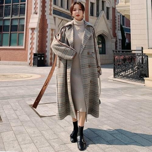Womens Winter Woolen Coat Long Coffee Grid Retro All-match Windbreaker Loose Big Size Casual Lapel Wear A Belt Thick Jacket KS1