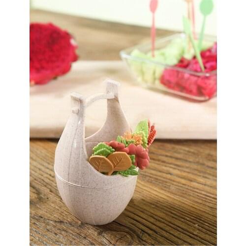 1SET 1pc Lovely Bucket+14pcs fork Fruits Fork Plastic Vegetable Fork Fruit Snack Dessert Forks Holder For Party OK 0325