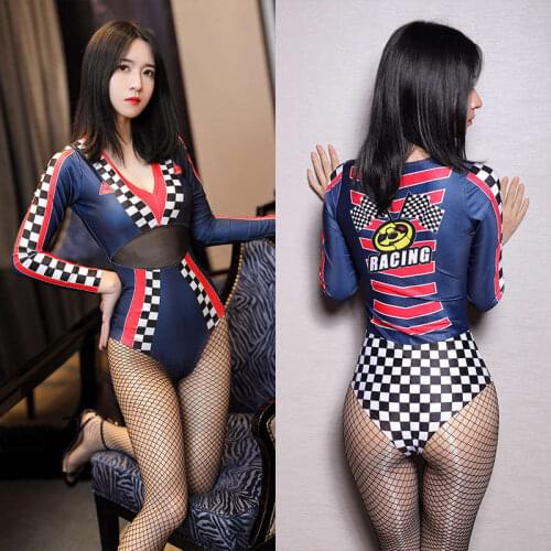 2020 Sexy Passion Products Racing Girl Uniform Temptation Long-Sleeved Tight Mesh Stitching One-Piece Stage Nightclub Costume