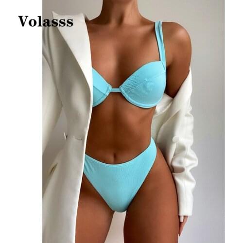 2021 High Cut Brazilian Swimsuit Women Sexy Gathered Bikini Push-up Beachwear Thong Swimwear Summer Solid Color Bathing Suit Set