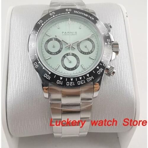39mm parnis Full Chronograph luminous sapphire glass black bezel Quartz mens watch-PQ09