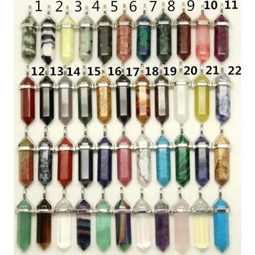 44 stones for choice,10pcs/lot Plated Silvery Bails Hexagon Point Pendants,12x40mm Faceted Double Stick Loose Beads Necklace