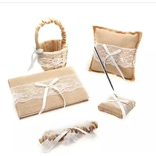 5Pcs/set linen lace wedding supplies Sets Ring Pillow + Girls Flower Basket +Guest Book +Sign Pen +Garter bride accessories