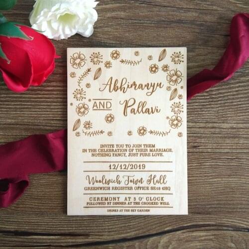Floral Design Wood wedding invitation - Timber wedding invitation