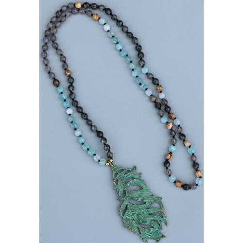 EDOTHALIA Fashion Metal Leaf Pendant Necklace For Women Girls Gift 6MM Faceted Natural Stone Bead Knotted Mala Necklace