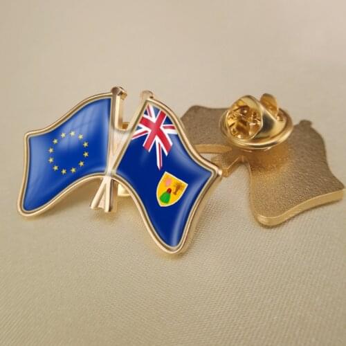 European Union and Turks and Caicos Islands Crossed Double Friendship Flags Brooch Badges Lapel Pins