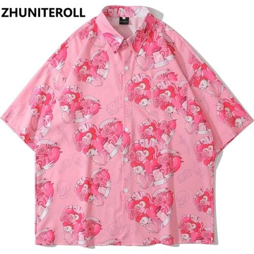 Cartoon Heart Bear Print Summer Harajuku Hawaiian Blouse Hip Hop Streetwear Short Sleeve Vintage Shirts Fashion Casual Men Tops