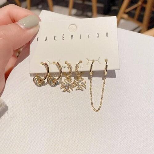 High End Mixed Geometric Cross Earrings Set for Women Gold Color Cubic Zirconia Dangle Earrings Jewelry