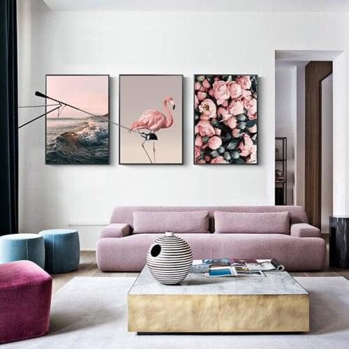 Pink Flamingo Flower Nordic Seaview Poster Canvas Wall Art Prints Painting Home Decorative Pictures for Living Room Bedroom