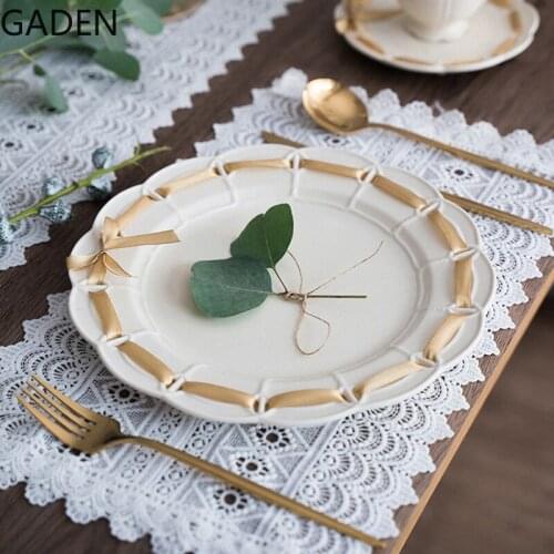 Retro Cream Yellow Hollow Lace Ceramic Western Food Dinner Plate Wedding Wedding Dessert Cake Set Plate Decoration Plate