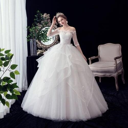 Boat Neck Ivory Half Sleeves 2021 New Beads Sequins Floor Length Ball Gown Lace Wedding Dresses Celebrity Vestido De Noiva