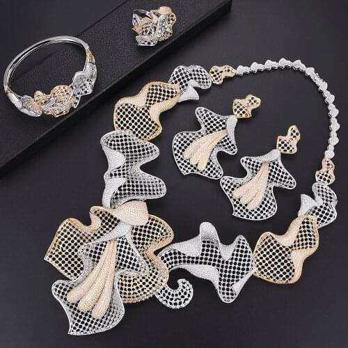 LARRAURI 3 Tone Cubic Zirconia Women Necklace/Earrings/Ring/Bracelet Big Statement Dubai Bridal Wedding Jewelry Sets 2019 Hot