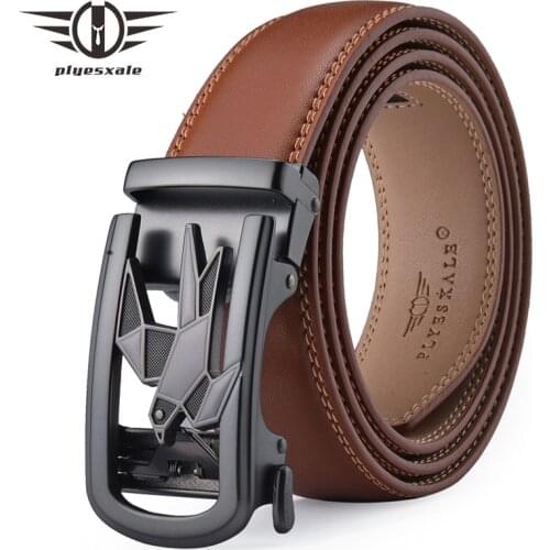 Plyesxale Cow Genuine Leather Mens Belt Cowskin Strap Male Automatic Buckle Belts for Men Alloy Buckle Black Brown Belts B705