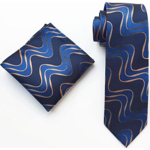 Mens Ties Set Blue with Gold Personality Stripes Neck Cravat with Pocket Square