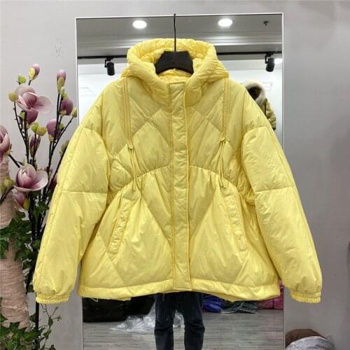 Korean Women Hooded Lightweight Puffer Jacket Winter Parkas Drawstring Loose Casual Long Sleeve Female White Duck Down Outwear