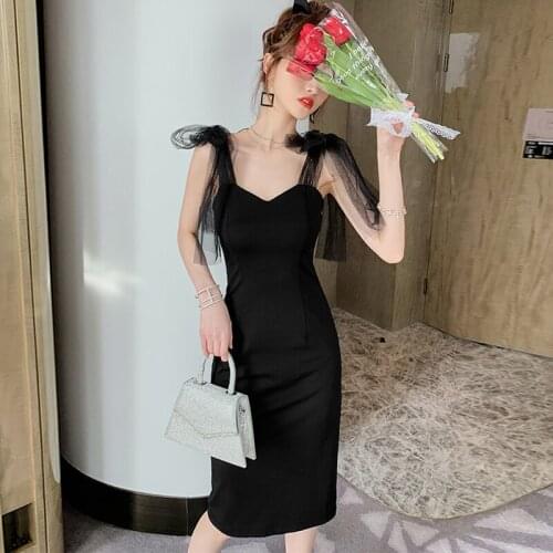 Fashion Summer Vintage Sexy Strap Sleeveless Midi Party Club Dress Ladies Elegant V-Neck Lace Backless Black Split Pencil Dress