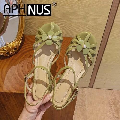 APHNUS Womens Sandals Fishermans Pearl Flowers Low Mid Heels Pumps Woman 2021 Shoes For Women New