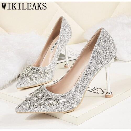 Elegant Shoes Wedding Heels Crystal Shoes Women Pumps Rhinestone Heels Tacones Altos Mujer Sexy Pointed Toe High Heels Tacones