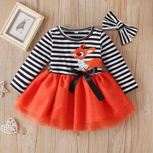 TALLOLY Girls Spring and Autumn Dress Cartoon Bowknot Long Sleeve Striped Mesh Skirt Childrens Clothing
