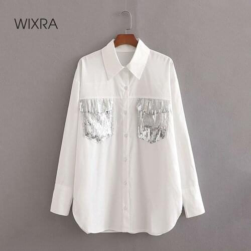Wixra Patchwork Sequined Pockets Shirts And Blouses Long Sleeve 2021 Spring New Ladies Solid Tops For Women