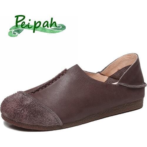 PEIPAH Leather Handmade Sewing Womens Flats Shoes Woman Retor Wedges Shallow Sports Footwear Ladies Platform Slip-On Sneak