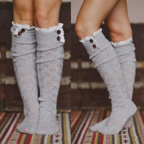 Women Girls Winter Stockings Solid Sweet Lace Stretchy Knee High Leg Warmers Thigh Leggings