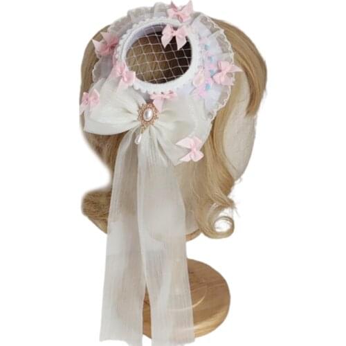 Girls Cosplay Headdress Pearl Decor Top Hat Ribbon Bows Lolita Lace Headwear Vintage Royal Style Anime Cosplay Headpiece