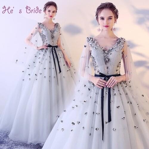 Hes Bride Appliques Sleeveless Lace Up Back V-neck Floor-Length Ball Gown Lace Grey Wedding Dress Custom Vestido De Noiva