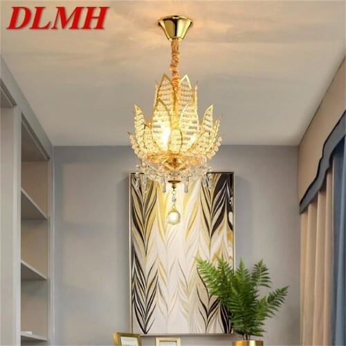 DLMH Gold Chandelier Fixtures Modern Creative Lotus Crystal Pendant Lamp Light Home LED for Decoration