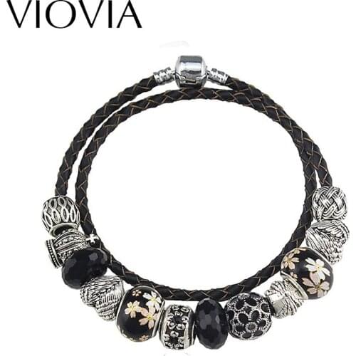 VIOVIA High Quality Leather Bracelet Crown Charm Beads Fit Bracelets & Bangles for Women With Charm Beads DIY Jewelry B15397