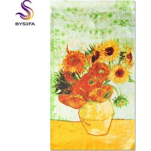[BYSIFA] 100% Silk Ladies Scarf Shawl Wraps 2017 New Oil Painting Style Yellow Sunflower Crepe Satin Silk Long Scarves Lencos