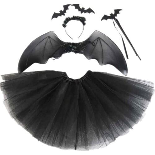 Kids Black Bat Halloween Costume Cosplay Outfit Set With Wings Ears Headband Wands Skirt Tutu For Child Girls