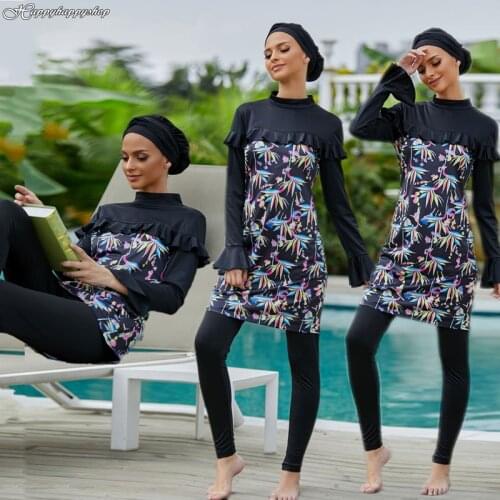 Elegant Women Floral Printed Swimming Clothing Muslim Islamic 3 Pieces Modesty Burkinis Sets Female Beach Bath Swimwear Swimsuit