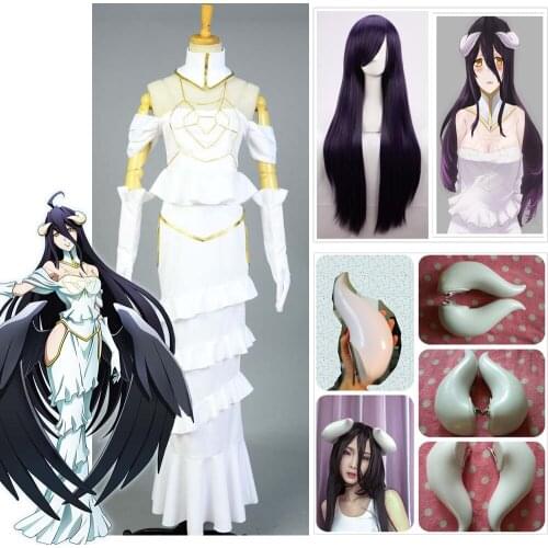 HOT Overlord Albedo Cosplay White Dress Sexy Mermaid Dress for Women Summer Skirt Adult Clothing Cosplay Costume+ Horns + Wig