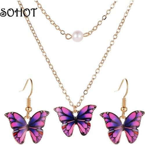 SOHOT Cute Trendy Colorful Enamel Butterfly Pendant Women Jewelry Set Romantic Double Necklace Earrings For Female Birthday Gift