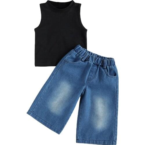 Citgeett Summer Kids Baby Girl Tops Loose Jeans Sleeveless Black Tops Sports Denim Pants Suit Set Clothes