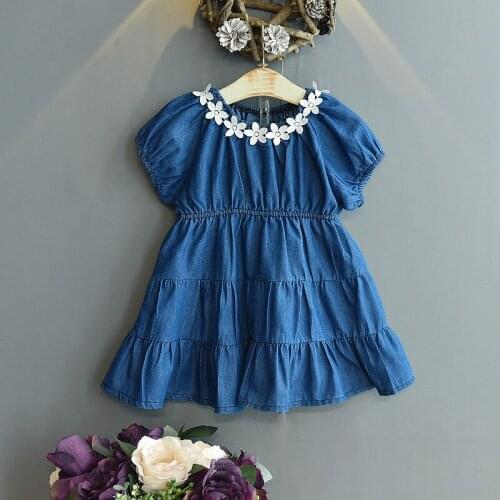 2021Easter Clothes Fashion Baby Girls Dress Children Clothes Short Sleeve Denim Blue Dress For Girls Lace TuTu Dress 3-10 Years