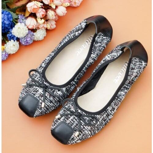 AUCVEE Fashion Bow Womens Flats Shoes Genuine Leather Woolen Stitching Lady Shoes Ballet Flats New Spring Casual Female Loafers