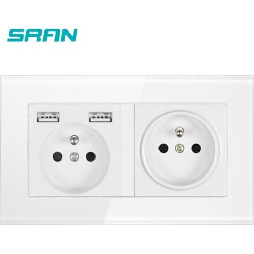 SRAN wall 16A French Power Socket Plug Grounded Electrical Socket with usb outlet strip 146 crystalglass panel family hotel