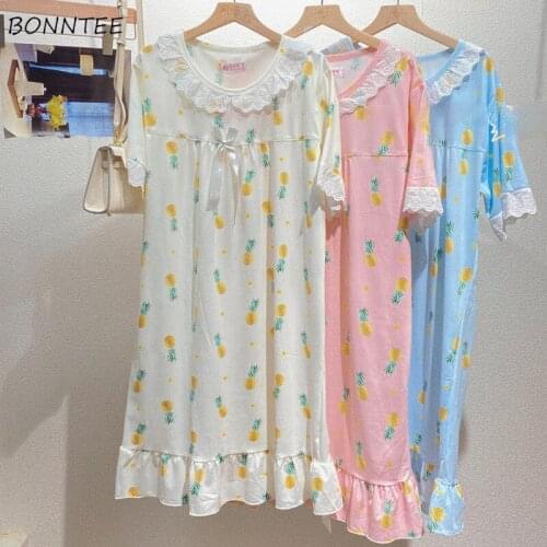 Nightgowns Women 5 Colors All-match Fashion Summer Thin Ruffles Home Ins Nightdress Knee-length Print Stylish Design Cute Lovely