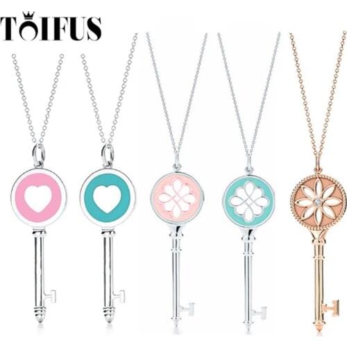 Original 925 Sterling Silver Enamel key Necklace with Original Engraved Women Jewelry Gift Free Shipping